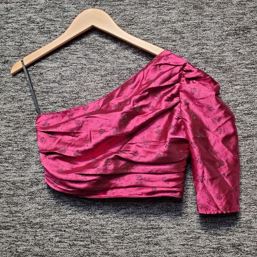 Majorelle One Shoulder Top Womens Small Pink Floral Ruched Puff Sleeve Crop Top